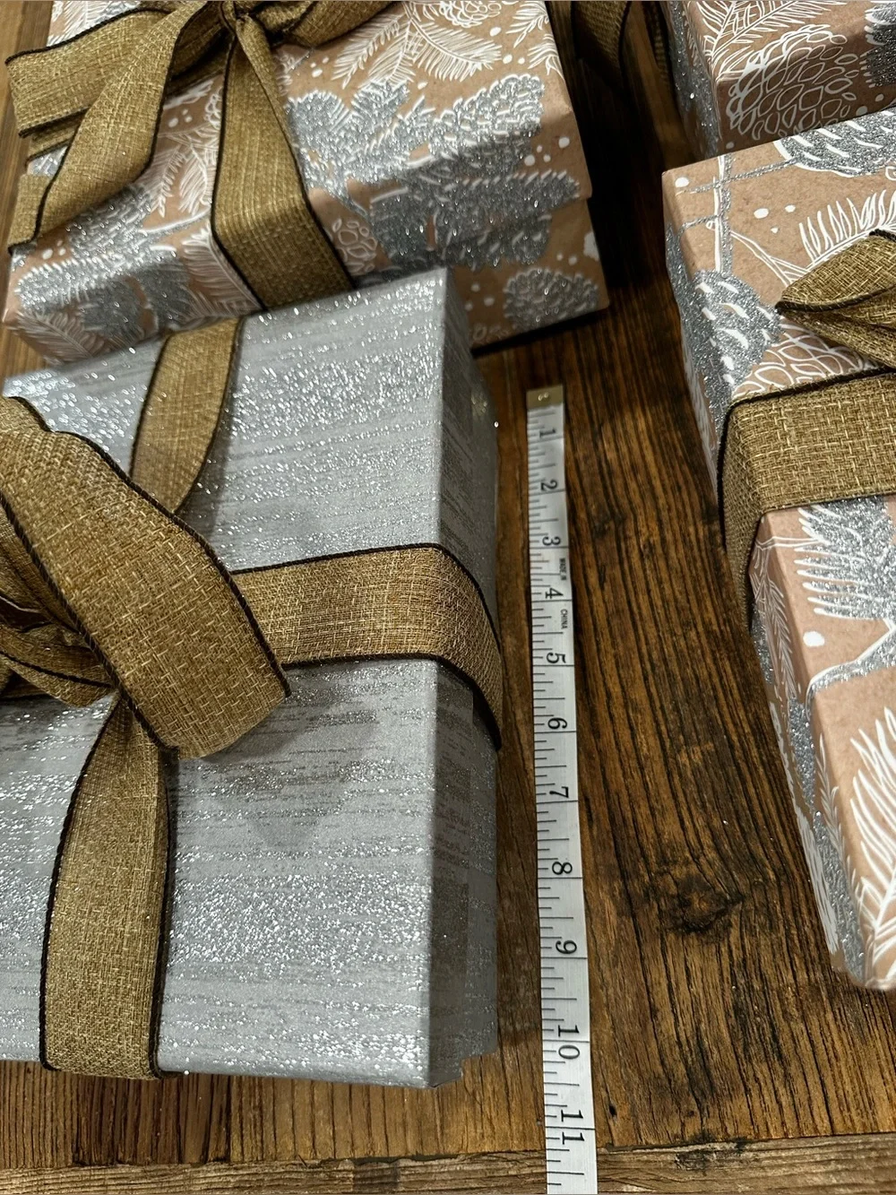 Rustic Brown & Silver Gift Boxes with Brown Ribbon - Home Party Supplies